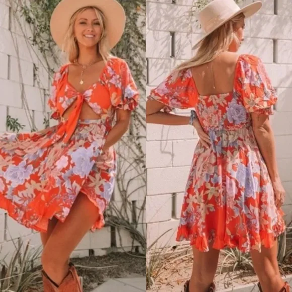 Spell & The Gypsy Collective Floral Lily Playdress Ruffle Trim Mini Dress in Red - Picture 2 of 10